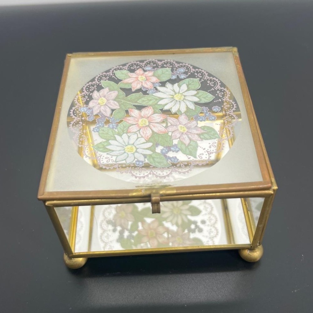 Vintage Brass Glass Floral Trinket Box Square Mirror Bottom Gold Jewelry Case